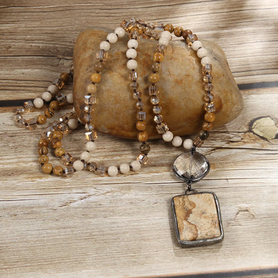 Olivenorma Natural Stone Beads Square Pendant Necklace