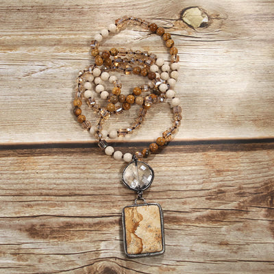 Olivenorma Natural Stone Beads Square Pendant Necklace