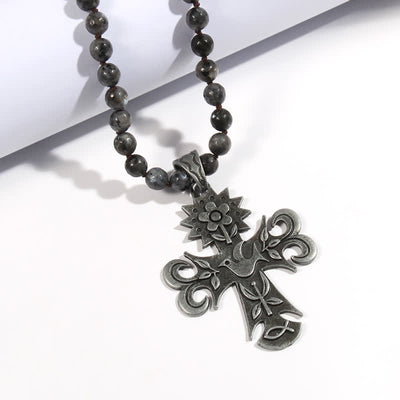 Olivenorma 8mm Labradorite Lava Stone Beads Cross Pendant Necklace