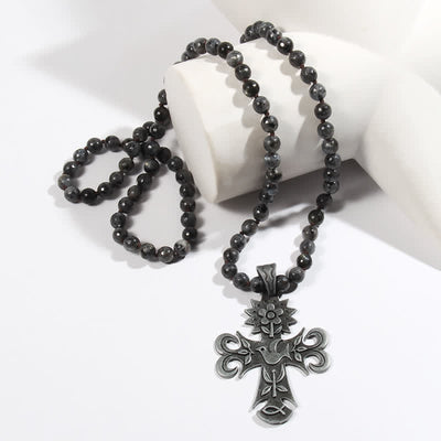 Olivenorma 8mm Labradorite Lava Stone Beads Cross Pendant Necklace