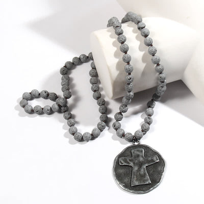 Olivenorma 8mm Labradorite Lava Stone Beads Cross Pendant Necklace