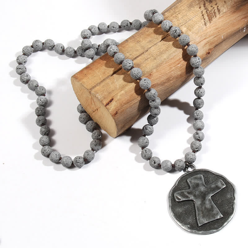 Olivenorma 8mm Labradorite Lava Stone Beads Cross Pendant Necklace