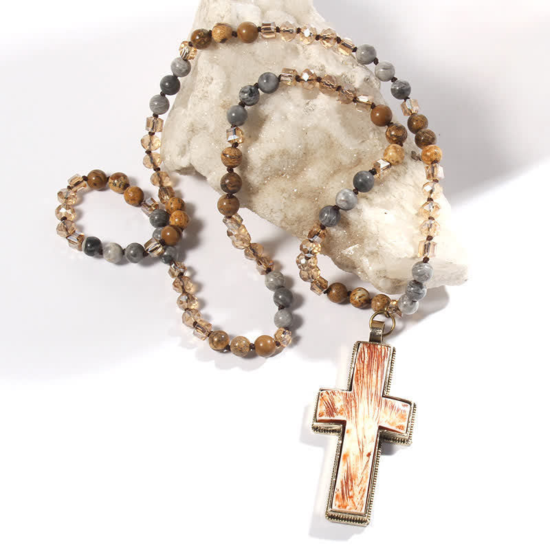 Olivenorma Natural Stone Beads Resin Cross Pendant Necklace