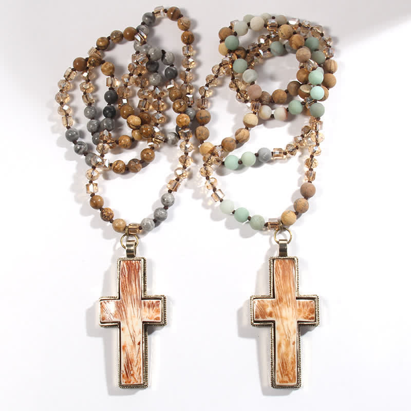 Olivenorma Natural Stone Beads Resin Cross Pendant Necklace