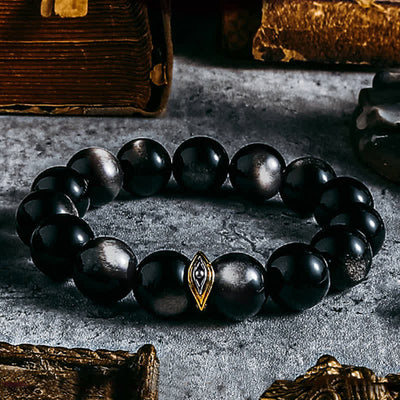 Olivenorma Natural Gold Silver Obsidian Evil Eye Beaded Bracelet