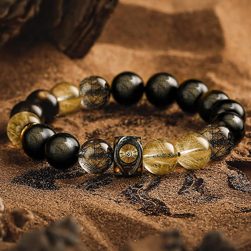 Olivenorma Obsidian Gold Rutilated Quartz Men's Beaded Bracelet