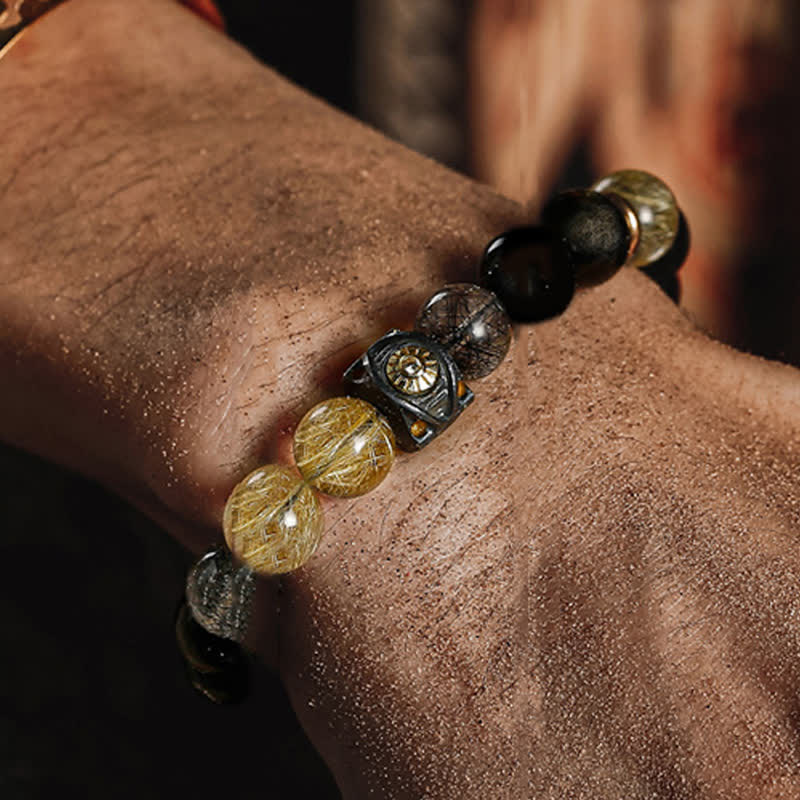 Olivenorma Obsidian Gold Rutilated Quartz Men's Beaded Bracelet