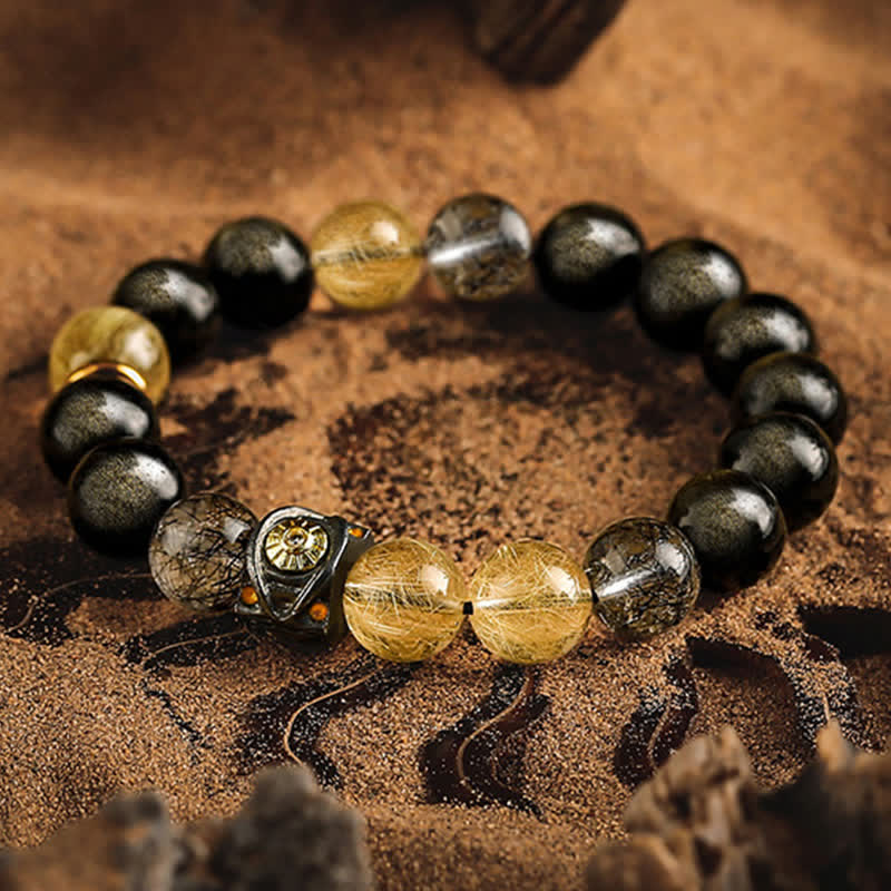 Olivenorma Obsidian Gold Rutilated Quartz Men's Beaded Bracelet