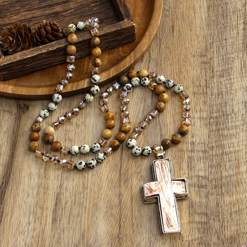 Olivenorma Natural Stone Beads Resin Cross Pendant Necklace