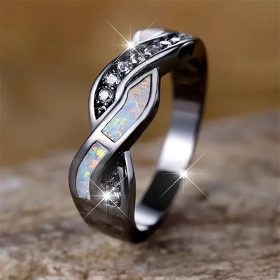 Olivenorma Black Gold Wavy Blue Opal with Zircon Ring