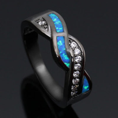 Olivenorma Black Gold Wavy Blue Opal with Zircon Ring