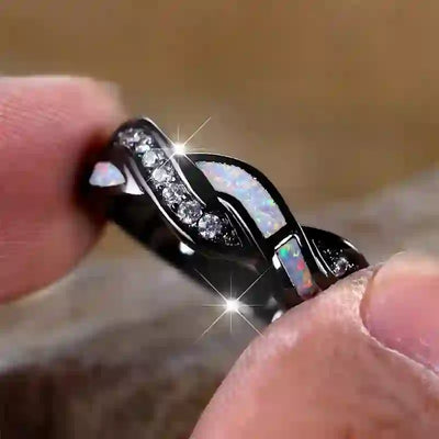 Olivenorma Black Gold Wavy Blue Opal with Zircon Ring