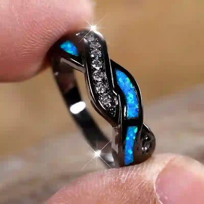 Olivenorma Black Gold Wavy Blue Opal with Zircon Ring