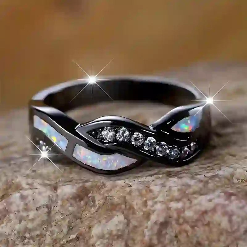 Olivenorma Black Gold Wavy Blue Opal with Zircon Ring