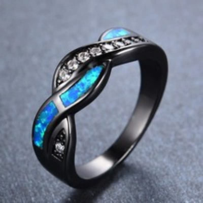 Olivenorma Black Gold Wavy Blue Opal with Zircon Ring