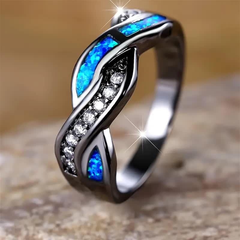 Olivenorma Black Gold Wavy Blue Opal with Zircon Ring