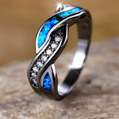 Olivenorma Black Gold Wavy Blue Opal with Zircon Ring
