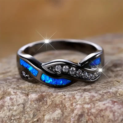 Olivenorma Black Gold Wavy Blue Opal with Zircon Ring