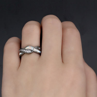 Olivenorma Black Gold Wavy Blue Opal with Zircon Ring