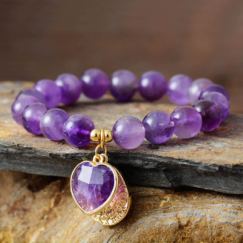 Olivenorma 10mm Amethyst Beads Heart Pendant Bracelet