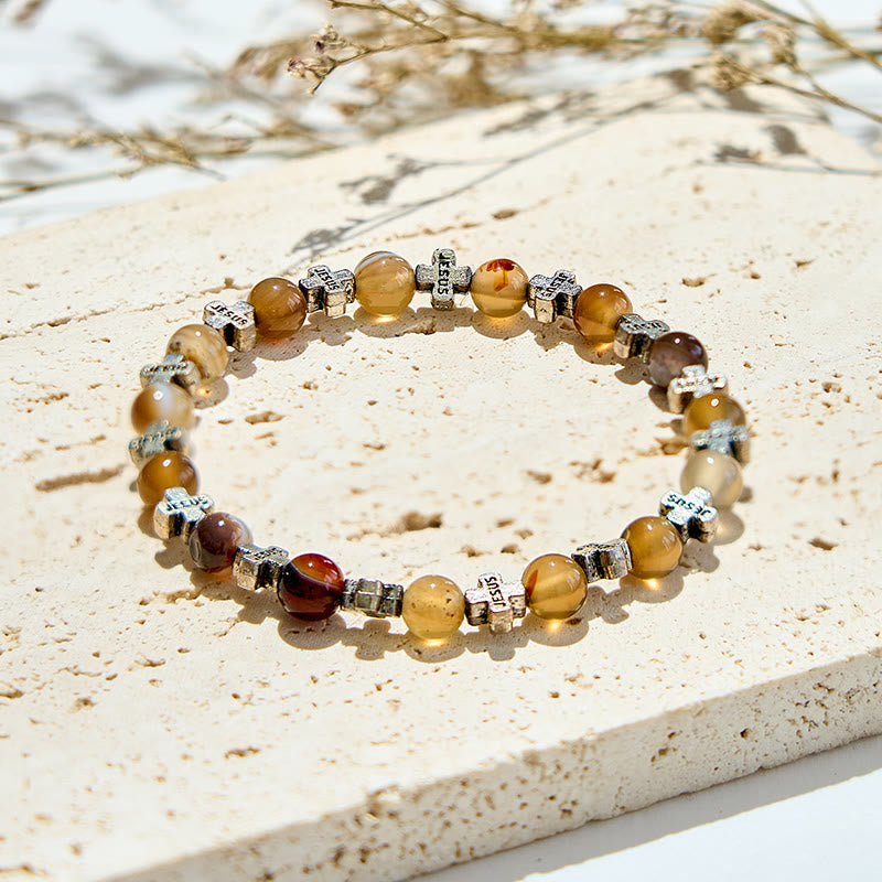 Olivenorma 6mm Natural Agate Golden Metal Cross Beads Bracelet