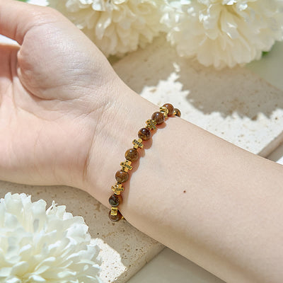 Olivenorma 6mm Natural Agate Golden Metal Cross Beads Bracelet