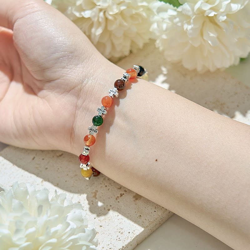 Olivenorma 6mm Natural Color Agate Silver Metal Cross Beads Bracelet