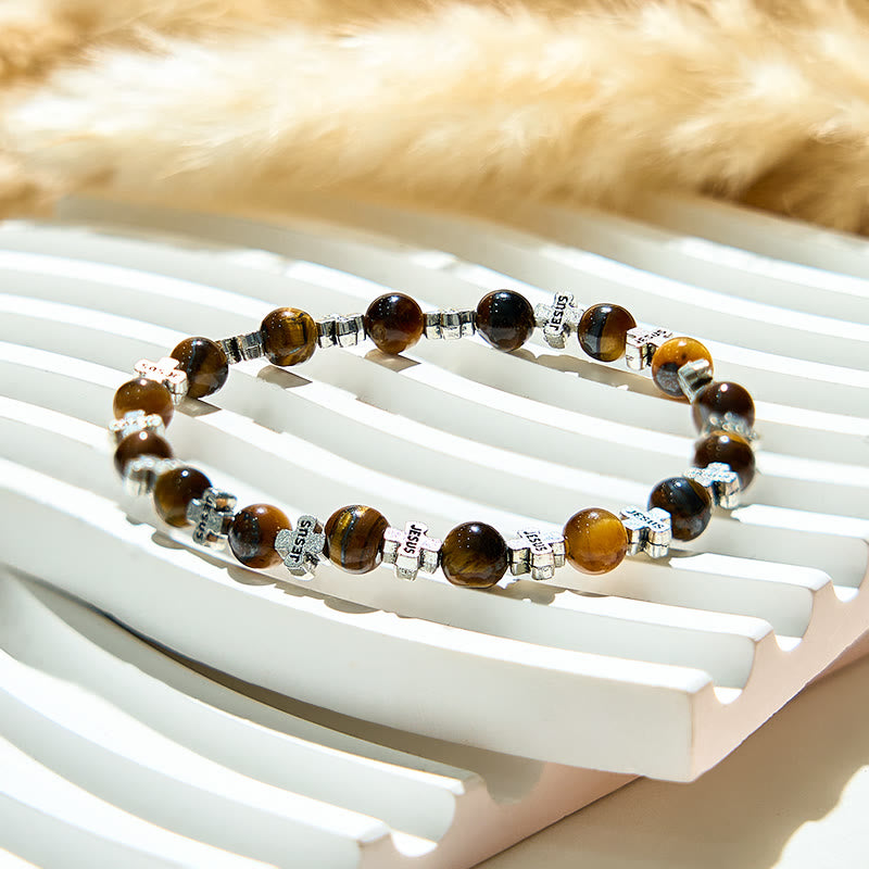 Olivenorma Natural Tiger Eye Silver Metal Cross Beads Bracelet