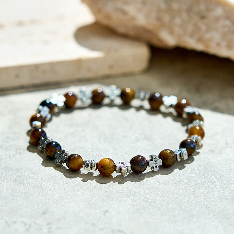 Olivenorma Natural Tiger Eye Silver Metal Cross Beads Bracelet