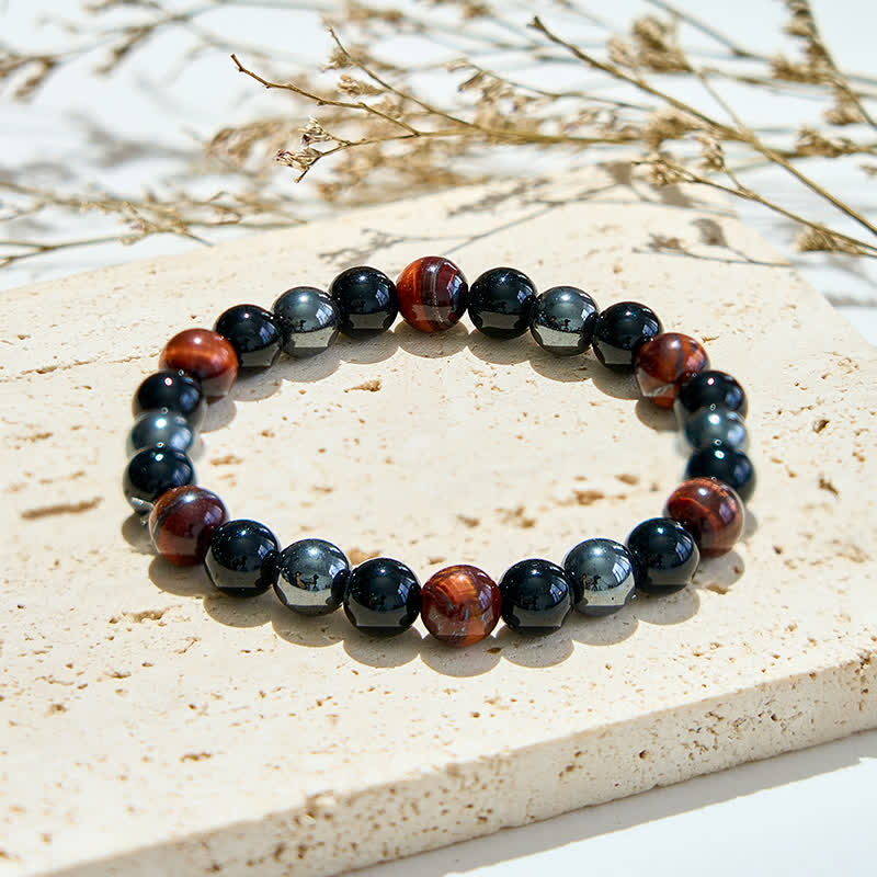 Olivenorma Red Tiger Eye Obsidian Hematite Beaded Bracelet