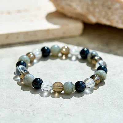 Olivenorma Clear Crystal Labradorite Obsidian Smoky Quartz Beaded Bracelet