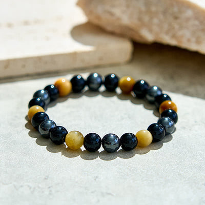 Olivenorma Yellow Tiger Eye Obsidian Hematite Beaded Bracelet