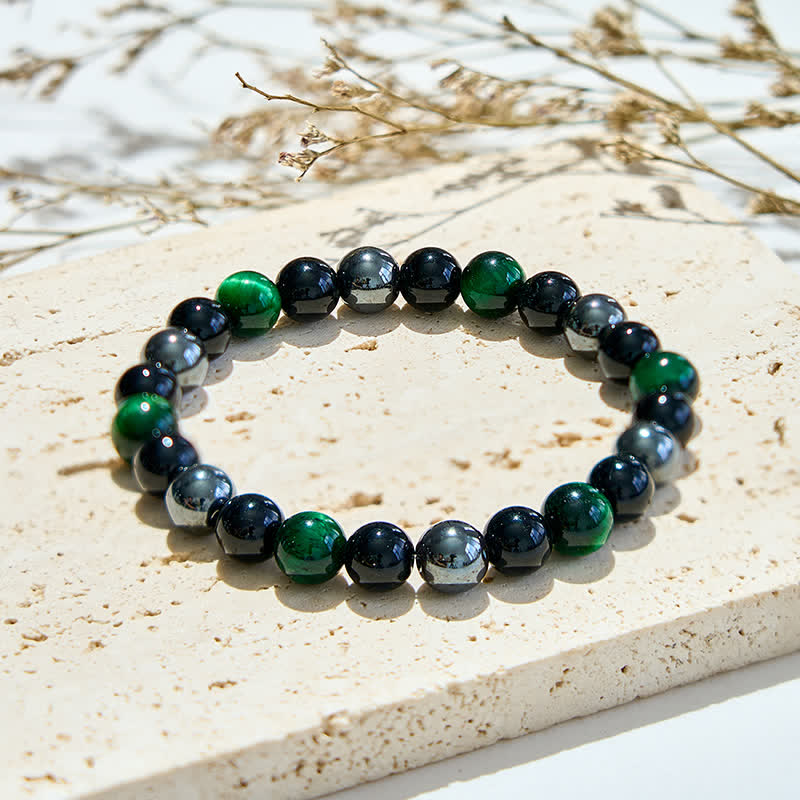 Olivenorma Green Tiger Eye Obsidian Hematite Beaded Bracelet