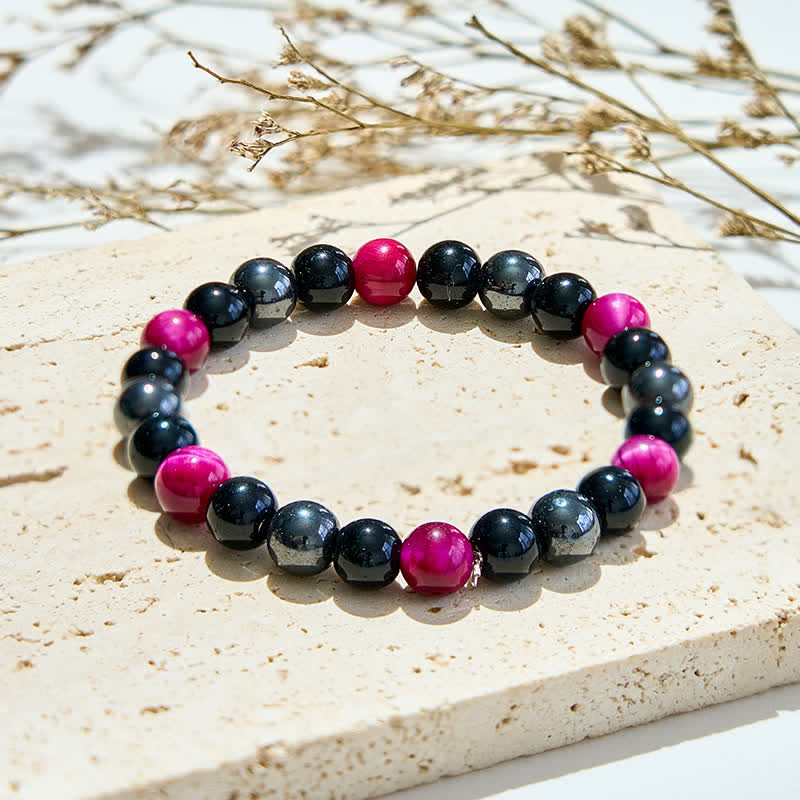 Olivenorma Rose Red Tiger Eye Obsidian Hematite Beaded Bracelet