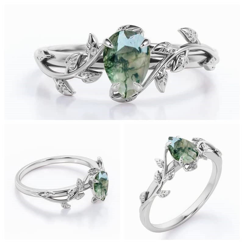 Olivenorma Pear Cut Moss Agate Twisted Leaf Engagement Ring