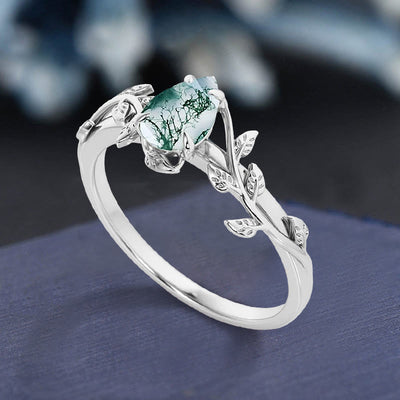 Olivenorma Pear Cut Moss Agate Twisted Leaf Engagement Ring