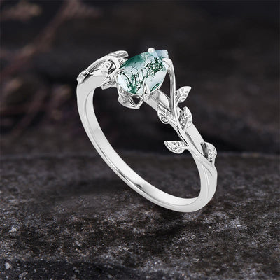 Olivenorma Pear Cut Moss Agate Twisted Leaf Engagement Ring