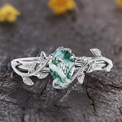 Olivenorma Pear Cut Moss Agate Twisted Leaf Engagement Ring