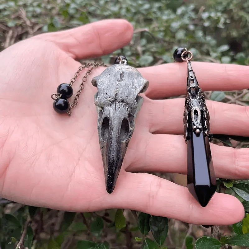 Olivenorma Viking Raven Skull Figurine Natural Obsidian Pendulum