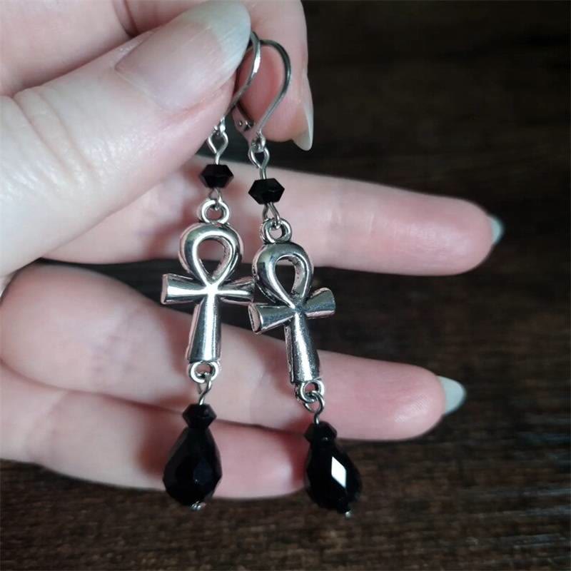 Olivenorma Obsidian Ankh Cross Charm Hook Earrings