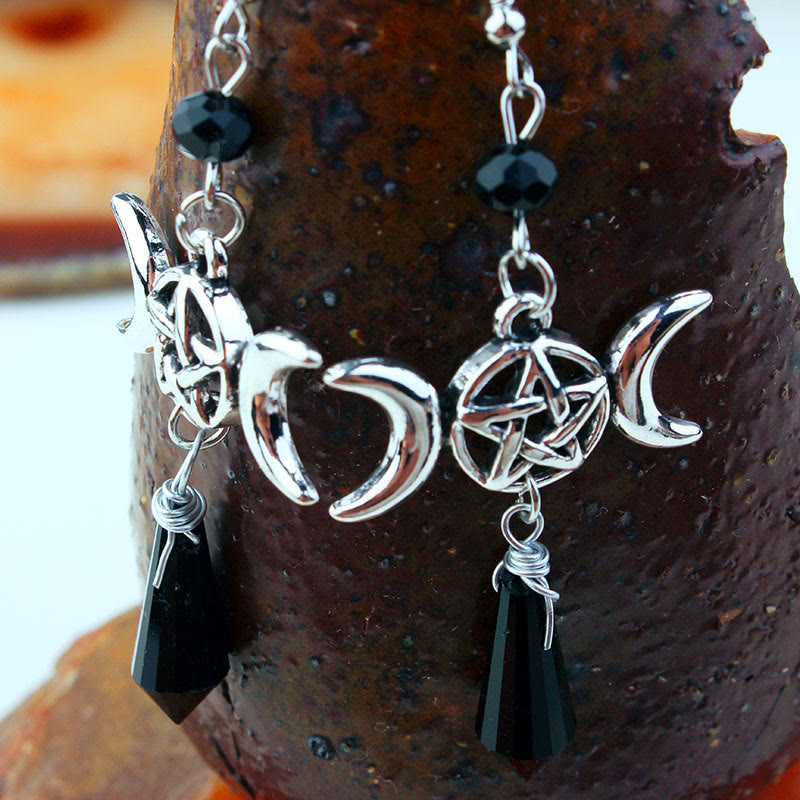 Olivenorma Witch Triple Moon Goddess Drop Obsidian Earrings