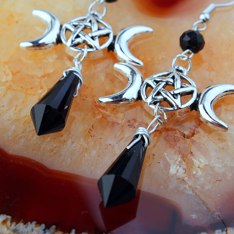 Olivenorma Witch Triple Moon Goddess Drop Obsidian Earrings