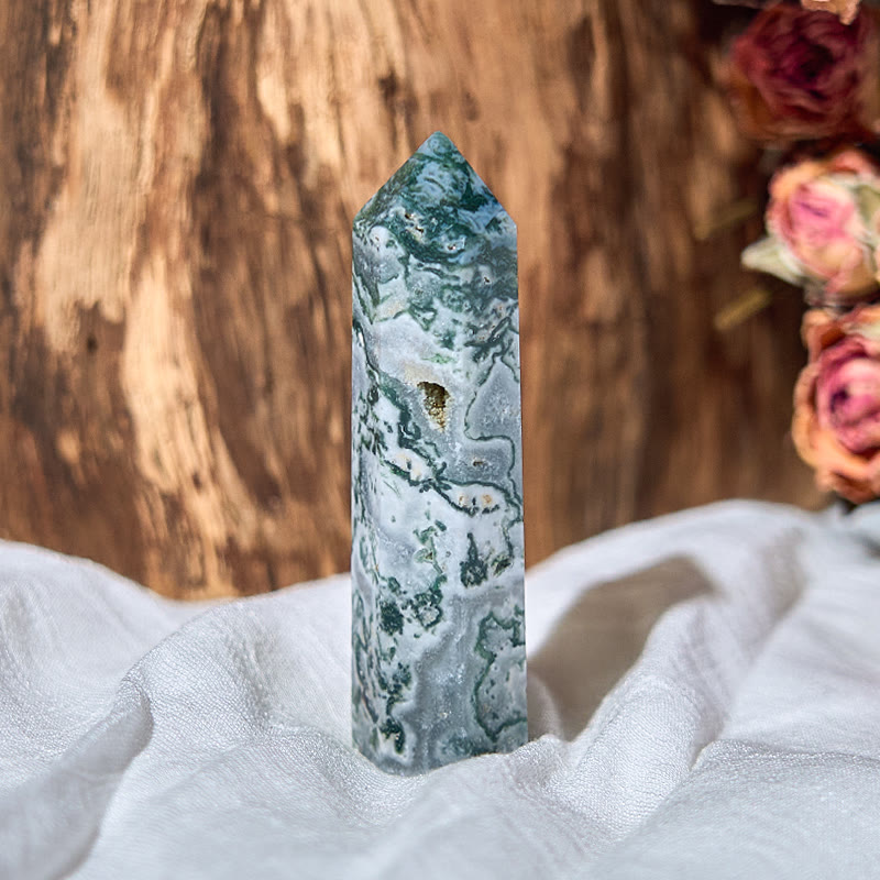 Olivenorma Moss Agate 4 Faceted Column Reiki Crystal Wands Tower