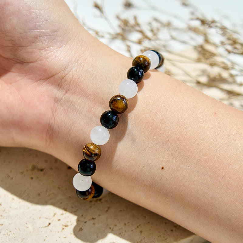 Olivenorma Tiger Eye Obsidian Clear Crystal Bead Bracelet