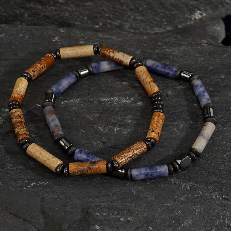 Olivenorma Strip Picture Jasper & Blue Spot Jasper Bracelet Set