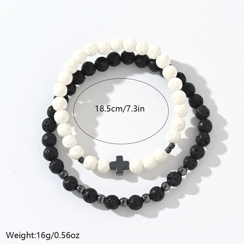 Olivenorma Black & White Lava Stone Cross Beads Bracelet Set