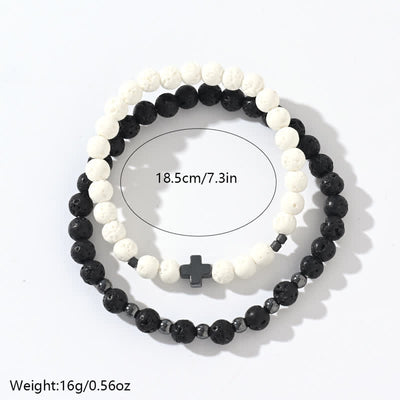 Olivenorma Black & White Lava Stone Cross Beads Bracelet Set