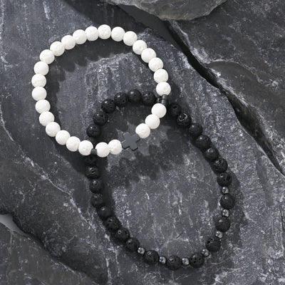 Olivenorma Black & White Lava Stone Cross Beads Bracelet Set