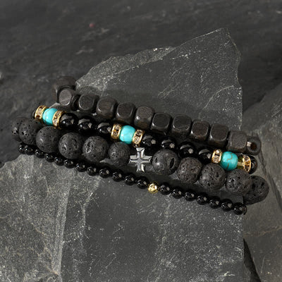 Olivenorma Black Natural Stone Beads 4 Layers Bracelet Set