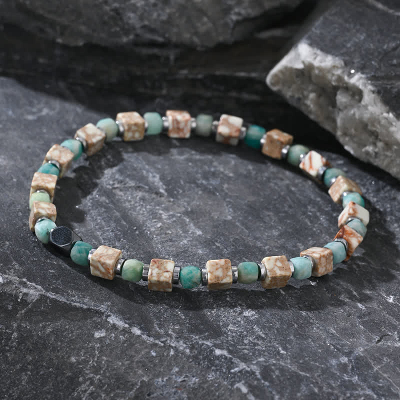 Olivenorma Amazonite Hematite White Turquoise Cube Beads Bracelet